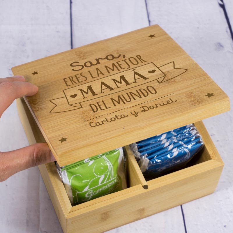 Caja de té grabada para la mejor mamá en Bambú