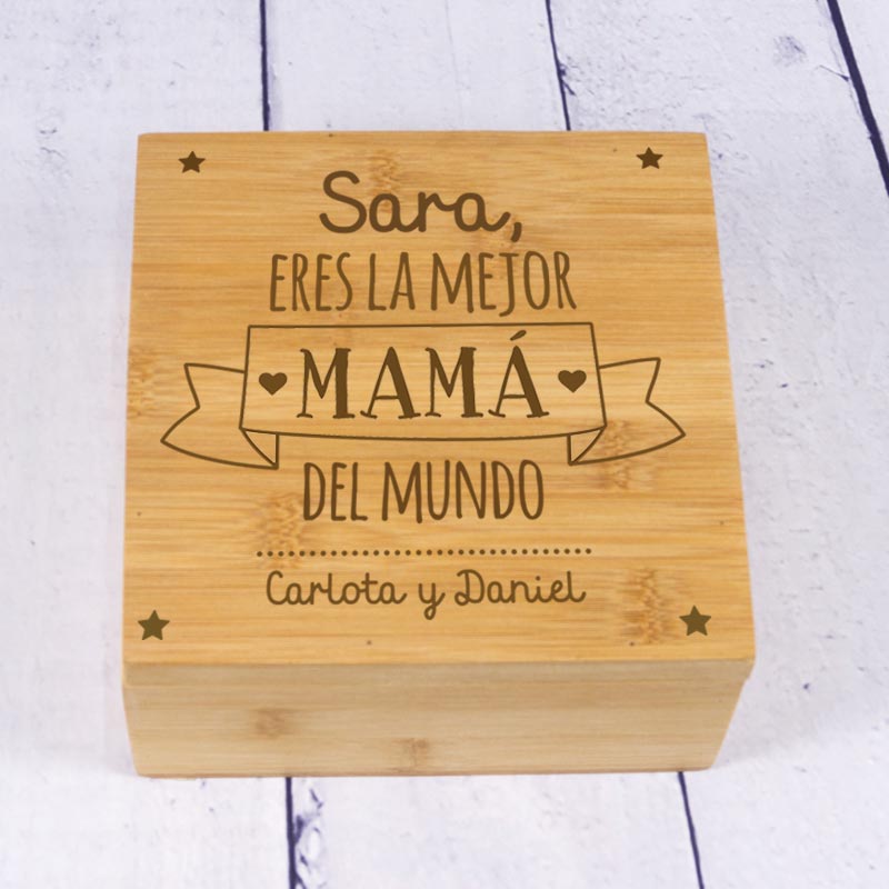 Caja de té grabada para la mejor mamá en Bambú