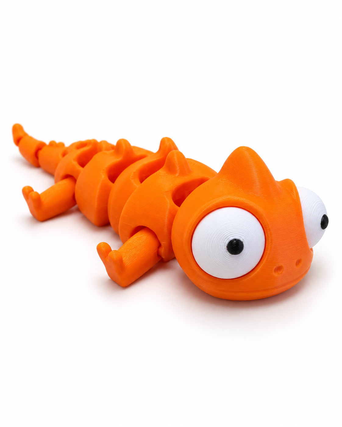 Camaleón flexible articulado impreso en 3D color naranja