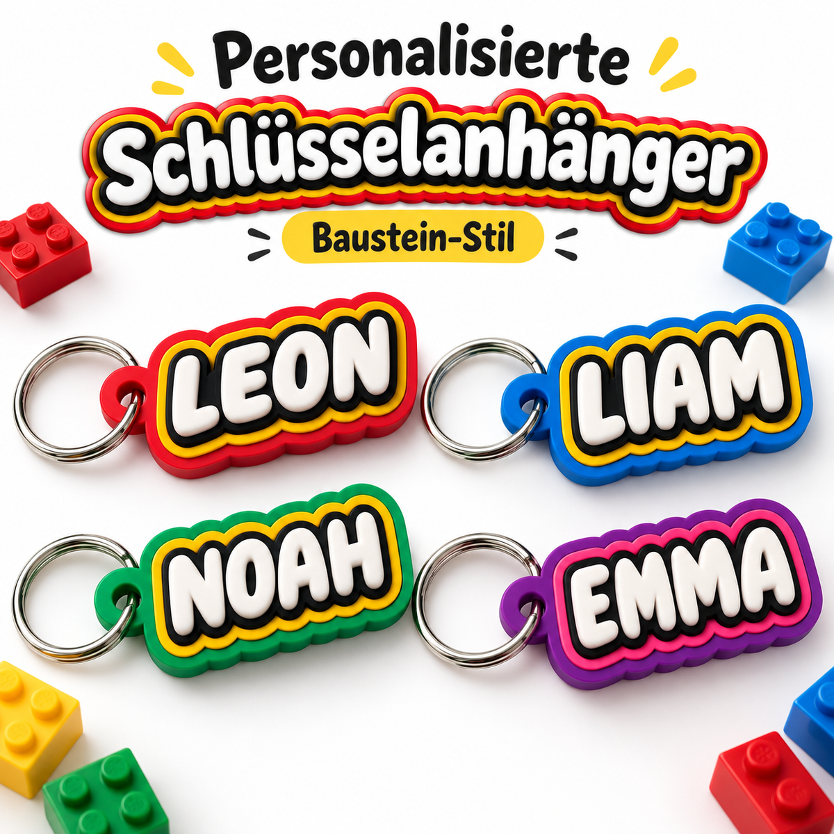 Personalisierte Schlüsselanhänger im Baustein-Stil mit Namen