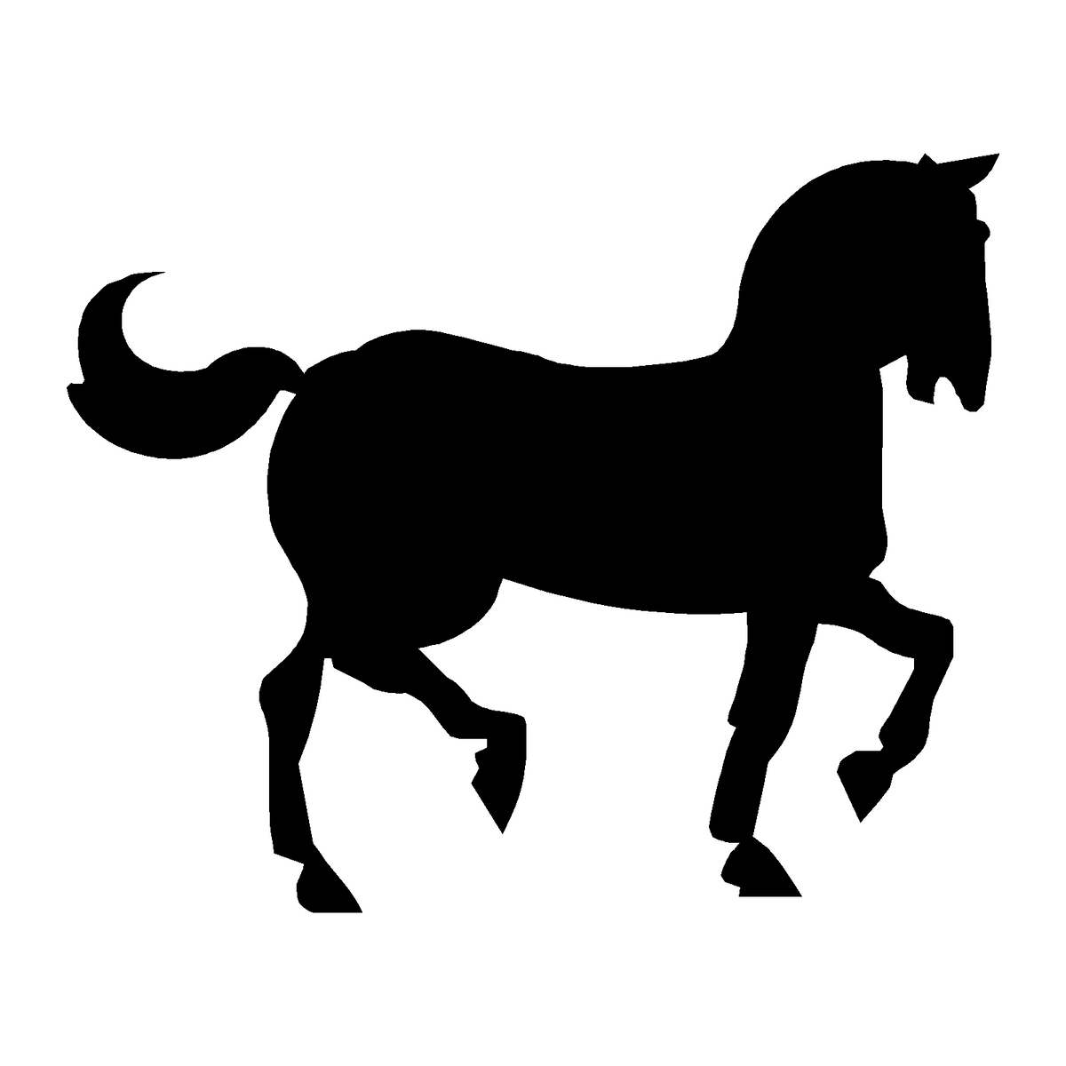 Pegatina silueta de caballo con cola alzada en negro sobre fondo blanco